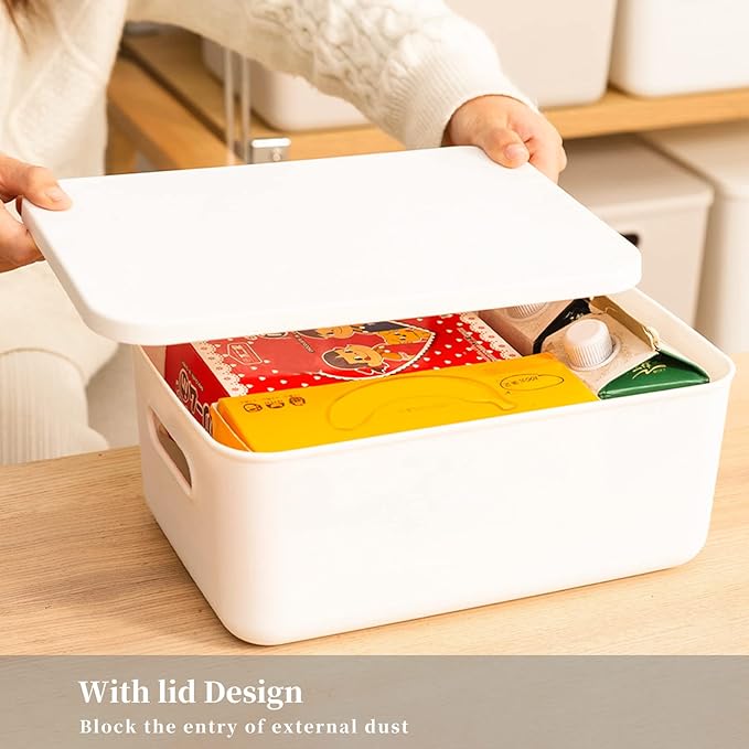 Yishyfier Plastic Storage Baskets Bins Boxes With Lids,Organizing Container White Storage Organizer Bins For Shelves Drawers Desktop Playroom Classroom Office,6-Pack(4M+2S)