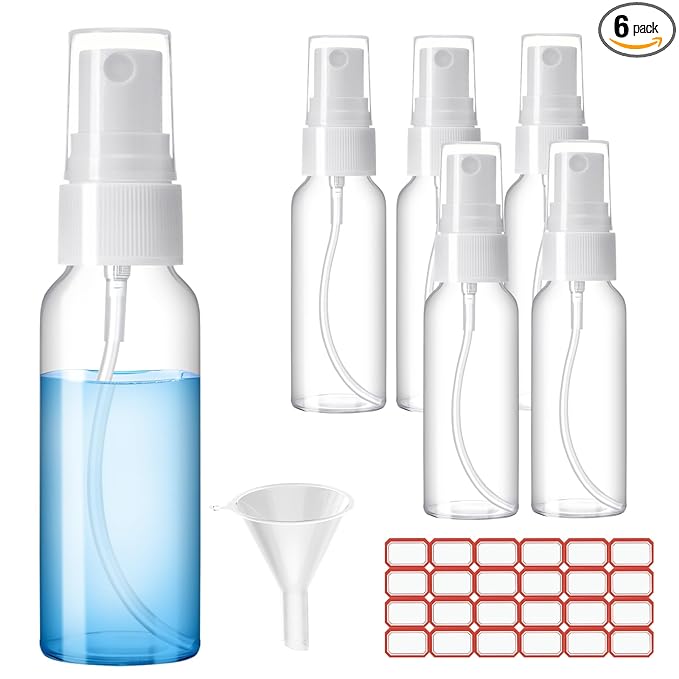 Zoizocp Spray Bottles, 4oz/120ml Clear Empty Fine Mist Plastic Mini Travel Bottle Set, Small Refillable Liquid Containers with 2pcs Funnels and 24pcs Labels (6 Pack)