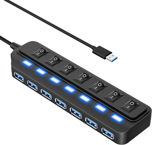 USB Hub 7 Port,USB 3.0 Hub Splitter with Individual On/Off LED Switches, USB Hub for PC, 5Gbps HighSpeed Data for Laptop, Mac, PC, Desktop, PS5, Xbox and More