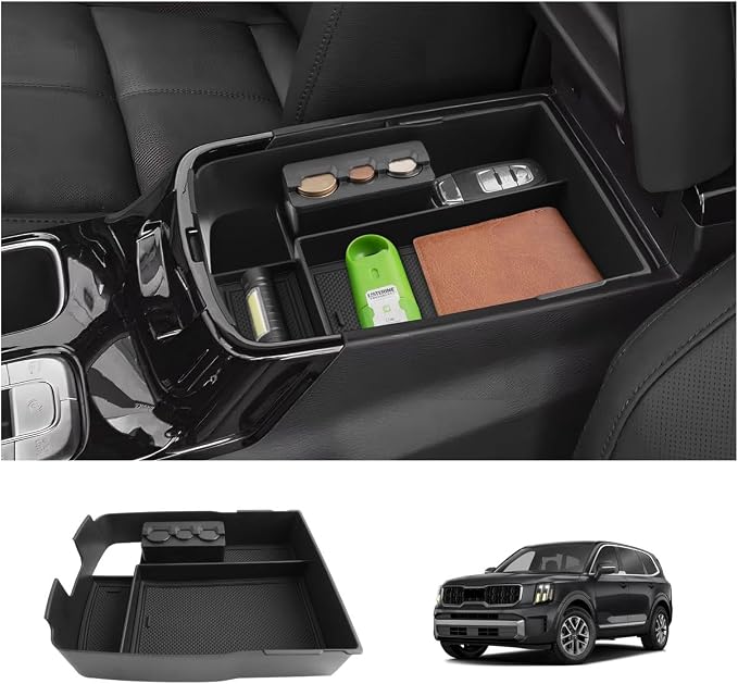 LUWU 2025 2026 Telluride Center Console Organizer for 2020 2021 2022 2023 2024 2025 2026 Telluride Accessories Armrest Console Storage Box Insert Tray with Coin Box ABS Material Black