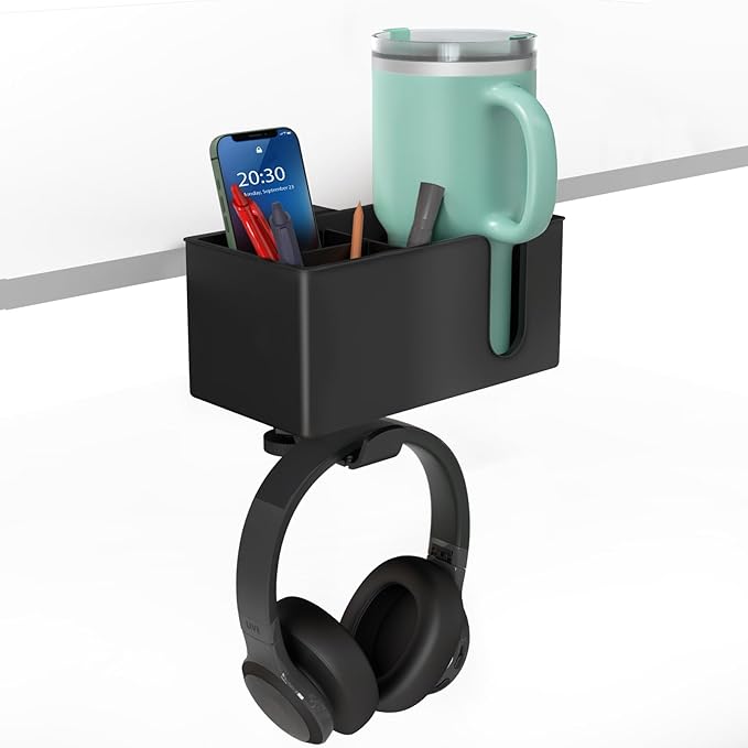 OOKUU 4-in-1 Desk Organizer- Large Desk Cup Holder Clamp with Headphone Stand, Pencil Holder and Phone Stand - Detachable, Rotating Hanger, Office & PC Gaming Accessories for Cup, Phone and Pen