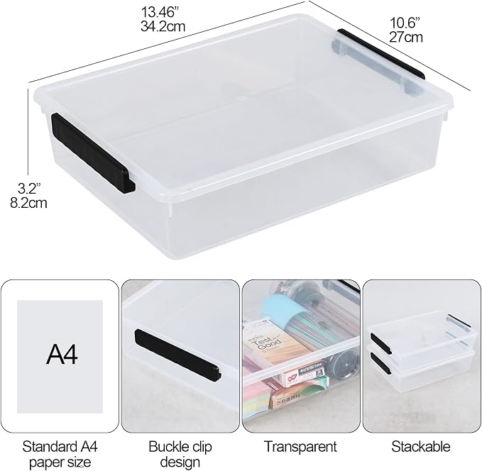 4 Pack A4 Plastic File Box, Clear Flat Stackable Box with Lids | Letter-size documents organizer container, easy viewing, latch clips.
