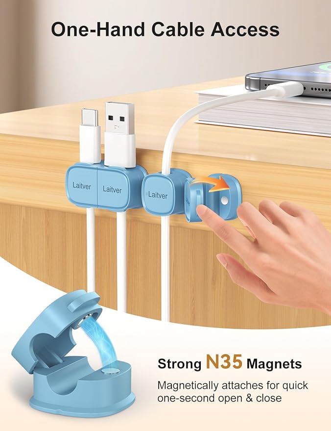 6 Pack Magnetic Cable Clips [1s Open/Lock], Laitver Cord Organizer Holder Strong Adhesive Desk Cable Management- Organize Charging Cords Neatly for Home, Office, Car,Desk, Nightstand-Peak Blue