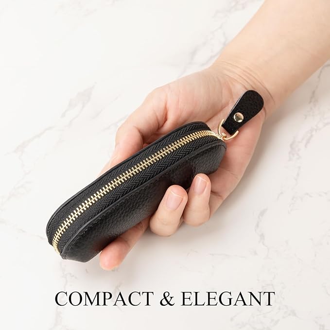 Full Grain Leather Coin Pouch - Travel Small Coin Purse with Zipper - Mini Key Pouch Change Purse for Women and Men (Black)