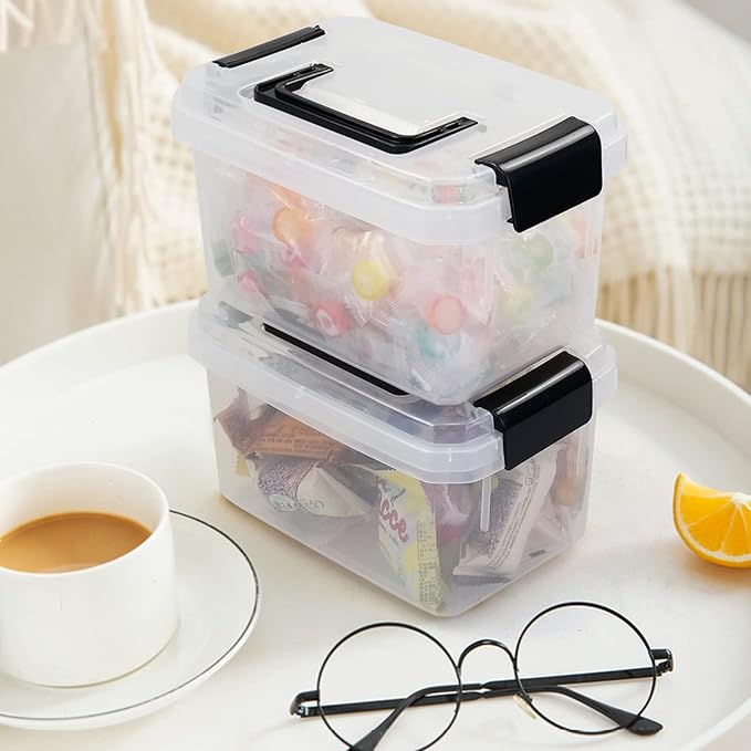 Jekiyo 2.5 Quart Plastic Latching Box, Clear Bin with Black Handle, 4 Packs