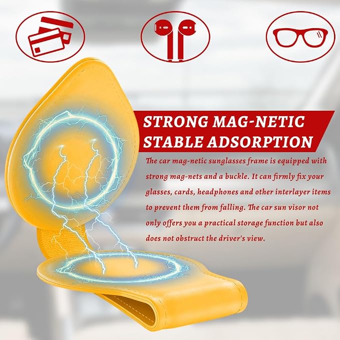 Sunglasses Holders for Car Visor, PU Leather Car Organizer, Magnetic Glasses Holder and Ticket Card Clip, Multi-Functional Auto Sun Visor Eyeglass Holder for Most Vehicles (Yellow)