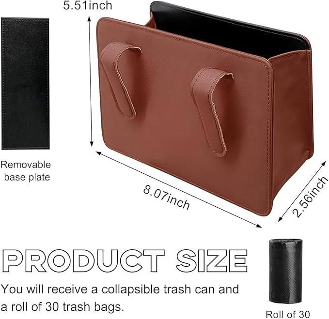 Yourkar Car Trash Can, Foldable Waterproof Leather Car Garbage Organizer Holder, Automotive Mini Dustbin Container with One Roll Trash Bag, Universal Interior Car Accessories (Brown)