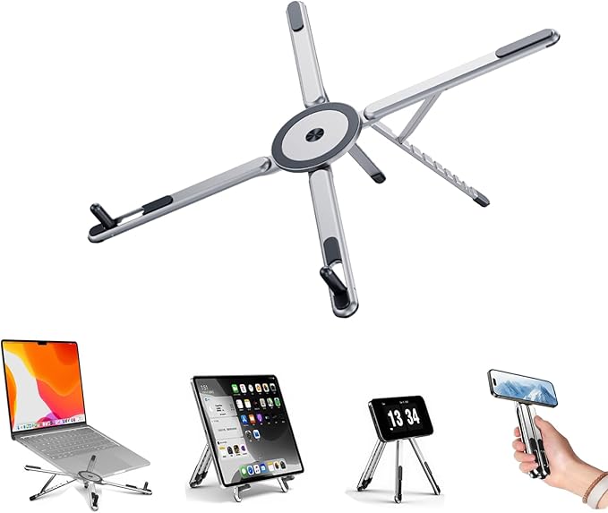3 in 1 Magnetic Foldable Versatile Stand for Phone Tablet and Laptop,Aluminum Alloy Ergonomic 8-Level Adjustable Height Laptop Stand for Desk,Portable Holder for Home Office and Travel