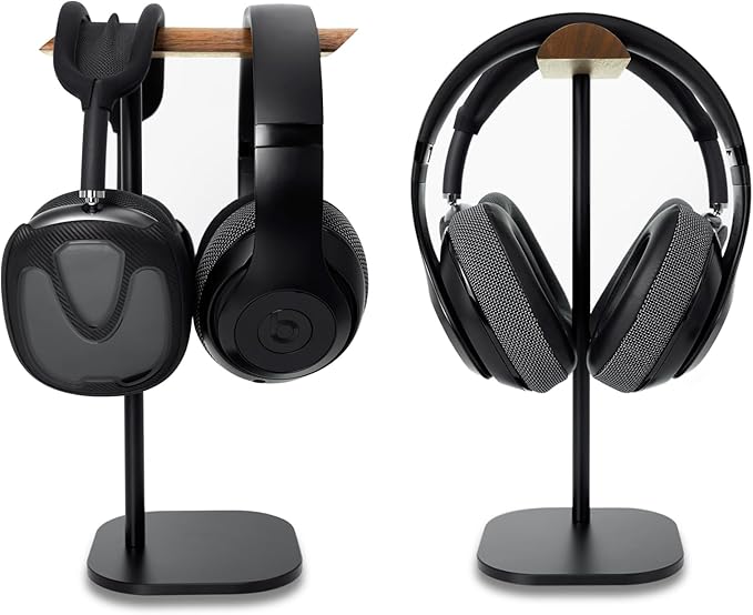 Gvoears Upgraded Headphone Stand, Walnut Wood Headphone Stands Headset Holder for Desk, Support Dual Headsets Suspension, Aluminum Alloy Support Rod Hanger, Dual Headphones Stand with Great Stablity