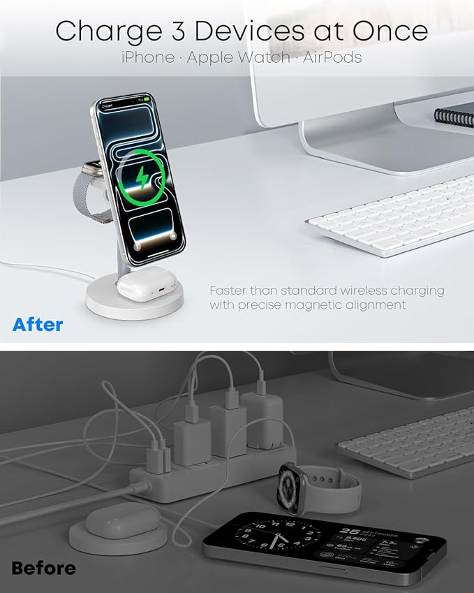 3 in 1 Magnetic Wireless Charging Station, 15W Fast Charger Stand for iPhone, Phone Charger Stand for Desk Nightstand, Compatible with iPhone 17/16/15/14, Apple Watch & AirPods, Adapter Not Included