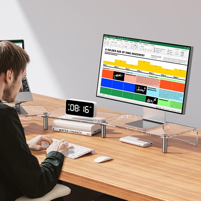 dual monitor stand riser, 3-layer transparent acrylic monitor stand with anti slip pad, adjustable length and angle, suitable for 2 monitors, desktop, laptop, PC, printer, TV screen