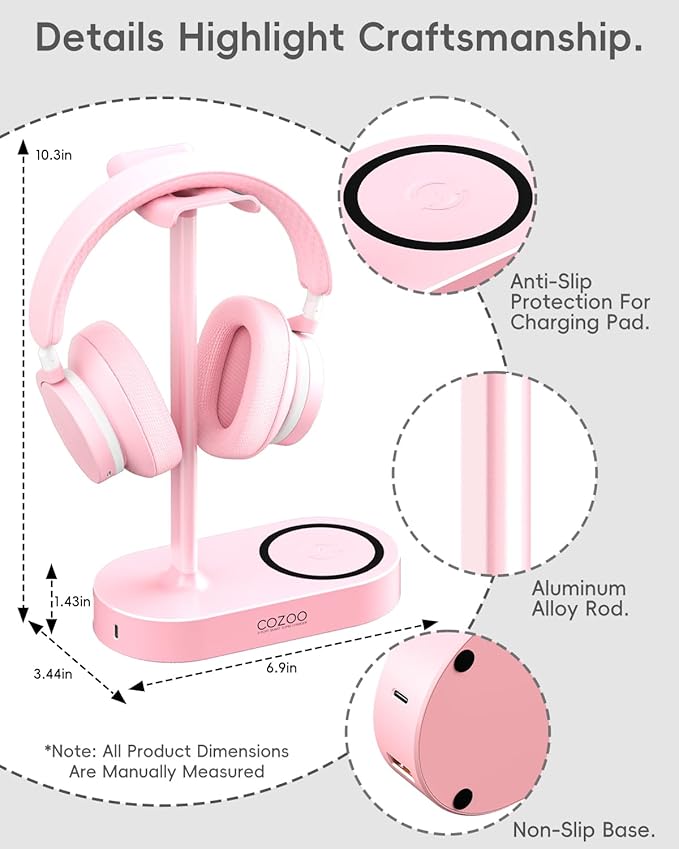 cozoo Pink Headphone Stand with 15W Wireless Charger, USB & Type-C Ports,Cute Desk Gaming Headset Holder,Gifts for Women,Teen Girls, Girlfriend,Gamer Girls,Aesthetic Desk Accessories, for Her