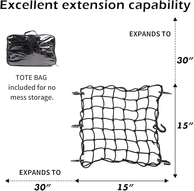 15"x15" Motorcycle Cargo Net Stretches to 30"x30" with 6 Hooks 2''x2'' Mesh for Motorcycle Motorbike Bikes