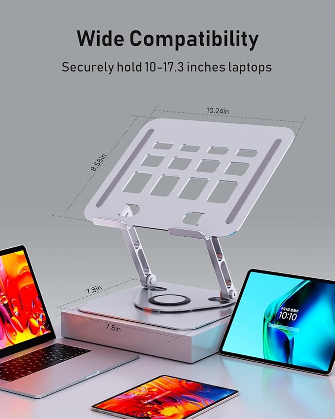 Laptop Stand for Desk, Adjustable Laptop Stand Swivel Computer Riser 360 Rotation Base, Portable Ergonomic Laptop Holder for Office Home Fits MacBook Air Pro, Dell, HP (10"-17.3") - Silver