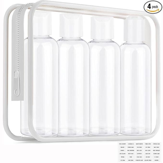 Moonlik Clear Toiletry Travel Bottles, 3.4oz/100ml TSA Approved Empty Containers with Toiletry Bag - Cosmetic Kit with Labels for Shampoo, Conditioner, Lotion, and Airplane Accessories(4Pack, White)