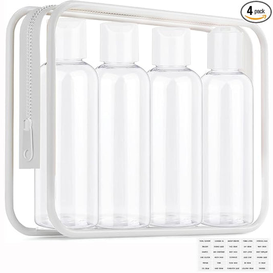 Moonlik Clear Toiletry Travel Bottles, 3.4oz/100ml TSA Approved Empty Containers with Toiletry Bag - Cosmetic Kit with Labels for Shampoo, Conditioner, Lotion, and Airplane Accessories(4Pack, White)