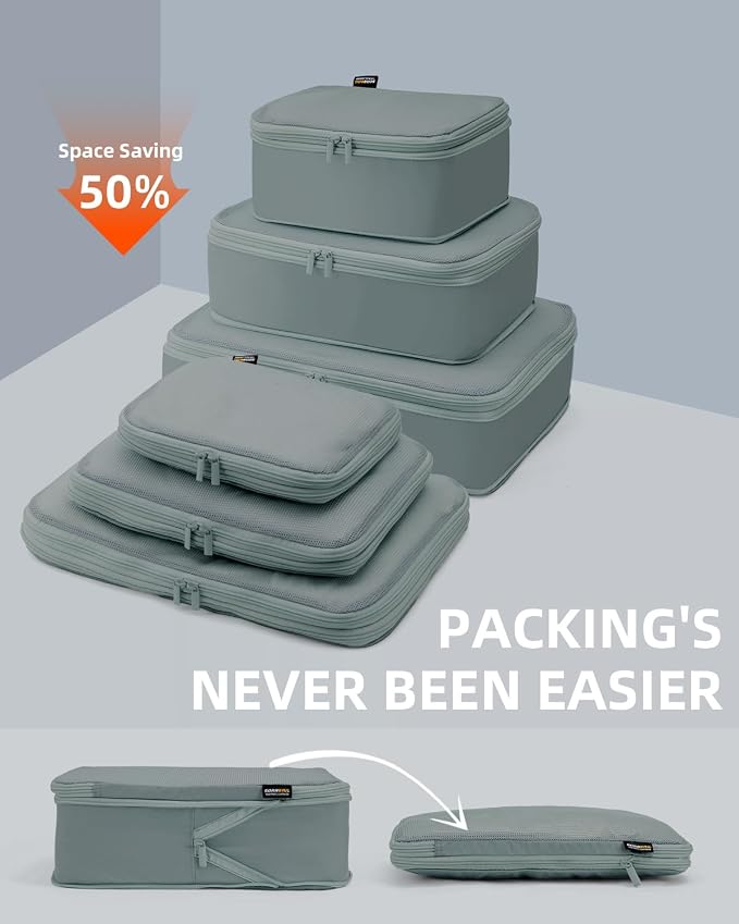 Compression Packing Cubes for Travel, 6-Piece Set (Large/Medium/Small), Double-Zip Luggage Organizers for Suitcase & Carry-On, Clothes Storage Bags (Steel Blue, 6 Pack)