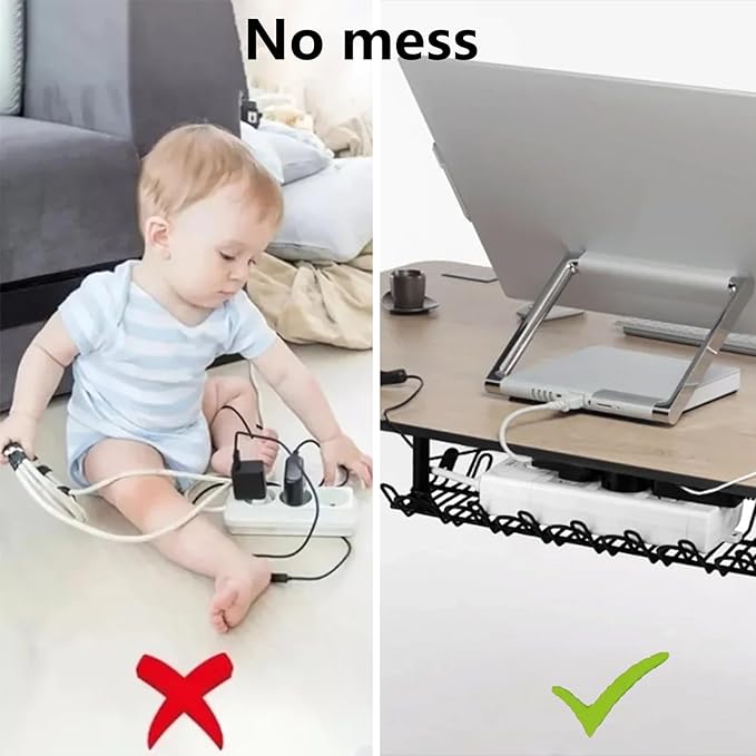 1 Pack Cable Management Tray, 14 Inches Under Desk Cable Holder for Wire Organization, Heavy Metal Cord Organizer Ideal for Computer Home Office Standing Desks to Hide Power Strips (Black)