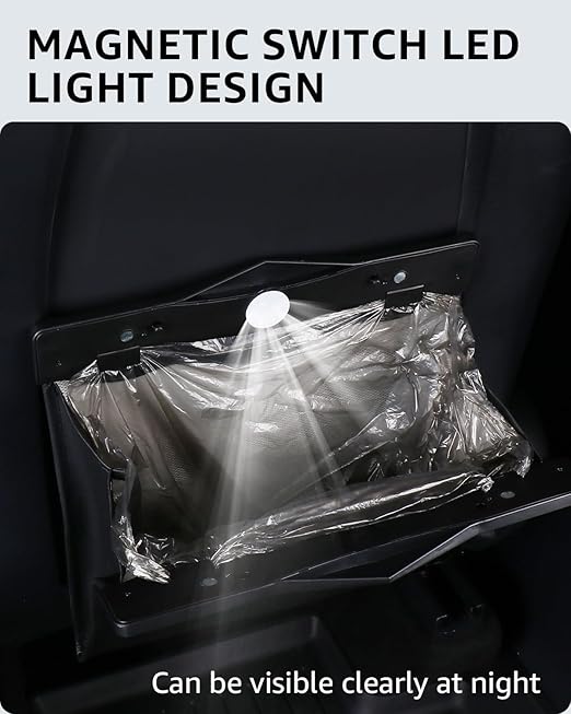 Motrobe Trash Can for Tesla Model Y 2020-2026 Garbage Bag [Strong Magnetic Buckle] with LED Light 1PCS Backseat Hanging Garbage Bin Waterproof Faux Leather Model Y Interior Accessories 2.5 Gallons