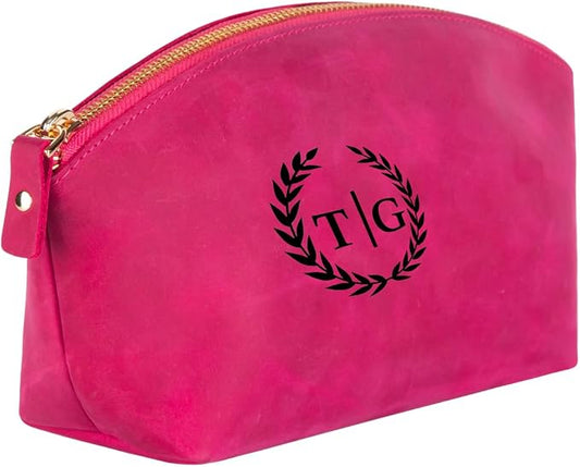 Blade Premium Personalized Genuine Leather Cosmetic Makeup Bag - Wedding Gift for Bridesmaid, Travel Organizer Clutch for Women with Zipper Pouch for Toiletry Essentials (Fuchsia)