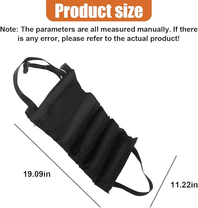 YoRise Car Seat Organizer, Oxford Cloth Roll Up Tool Bag With 5 Zipper Pockets, Hanging Back Seat Car Organizer, Portable Waterproof Vehicle Storage Accessories for Cars, Trucks, SUVs (Black)