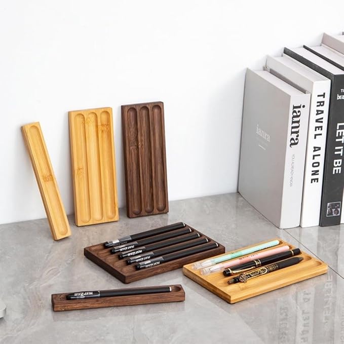 Horizontal Pen Holder For Desk,Pen Tray,Wood Desk Pen Holder,Desk Top Pen Display,Teacher Gifts,Suitable For School,Home,Office Desktop Art Accessories (Walnut-3 Grid)