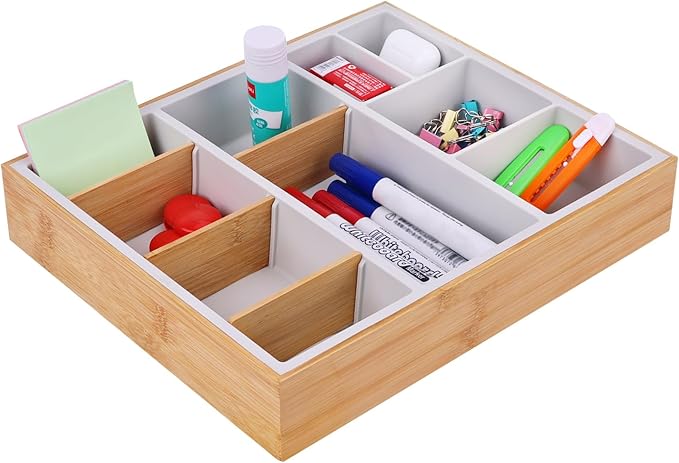 Bamboo Desk Drawer Organizer Tray, Silicone Sturdy Junk Drawer Organizer with 10 Adjustable Compartments, Desk Organizers and Accessories with 4 Removable Dividers for Office Home (White)