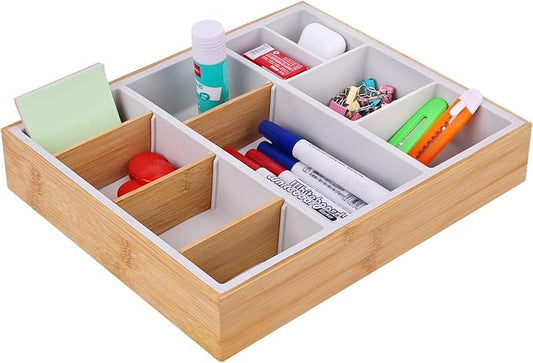 Bamboo Desk Drawer Organizer Tray, Silicone Sturdy Junk Drawer Organizer with 10 Adjustable Compartments, Desk Organizers and Accessories with 4 Removable Dividers for Office Home (White)