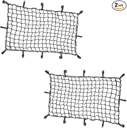 CZC AUTO 22"x38" Black Latex Bungee Cargo Net Strech to 44"x76", Luggage Netting with 2"X2" Small Mesh and 12 Adjustable Plastic Hooks for Rooftop Cargo Carrier Roof Rail Rack Hitch Basket SUV, 2 Pack