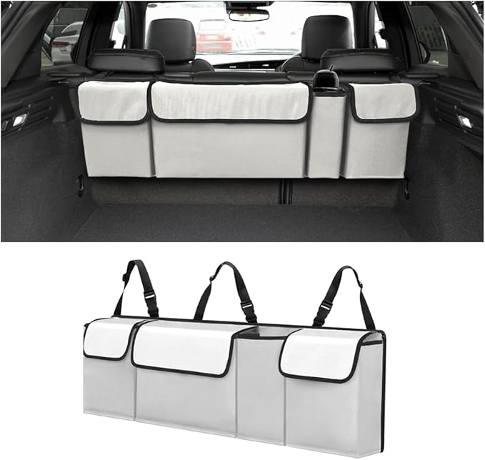 BELOMI Car Trunk Organizer, Auto Waterproof Sturdy Backseat Hanging Large Storage Collapsible Cargo Bag with Anti-Slip Adjustable Strip &4 Pockets, Vehicle Interior Accessories (White/Gray)