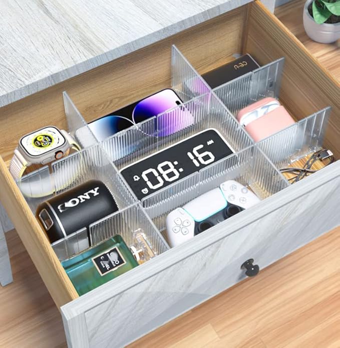 8pcs DIY Plastic Drawer Organizer Adjustable Drawer Dividers for Home Tidy Closet, Socks, Underwear, office school supplies, kitchen utensil tools (Clear White)