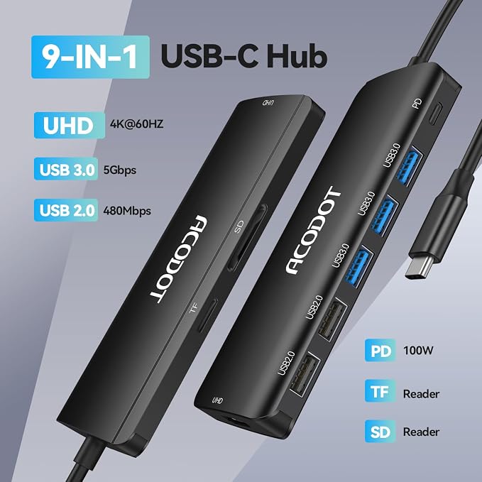 Acodot 9 in 1 USB C to 4K@60HZ HDMI Multiport Adapter, 3 USB 3.0 Ports, SD/TF Card Reader, 100W PD, Designed for MacBook Pro Air HP XPS etc, Black