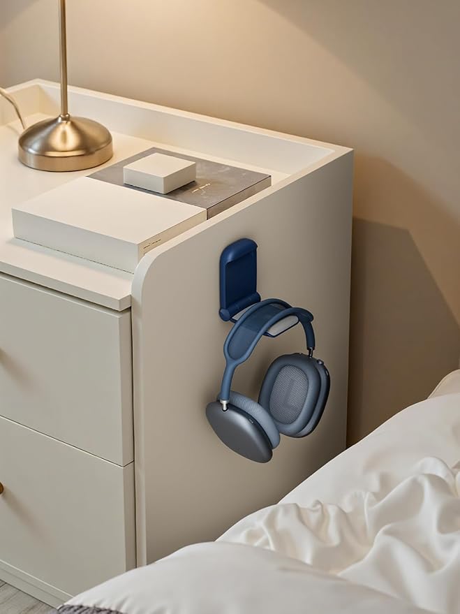 MAMUVIMO Headphone Stand, Headset Stand Foldable ＆ Sticky, Headphone Holder Hook Mount with Non-Slip Silicone, Adhesive Earphone Desk Hanger Clip Space-Saving for Airpods Max, All Earphones- Blue
