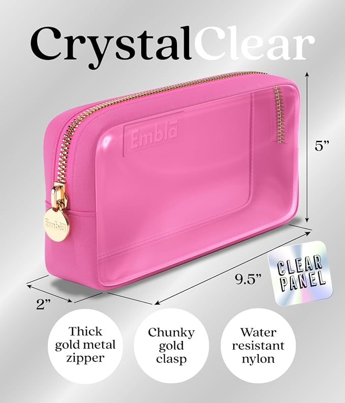 Embla Medium Clear Makeup Bag Travel for Toiletries Cute Make Up Nylon Organizer Pouches Quart Size Cosmetic Bags for Women Girls Zipper Toiletry Skincare Pouch Organizer for Purse Hot Pink