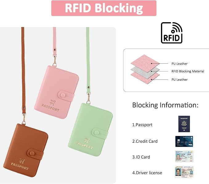 Passport Holder RFID Protected Wallet and Luggage Tag with Protection Cover Travel Accessories Leather Card Case Organizer for Women Men (Pink)