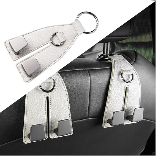 Car Seat Headrest Hook, Leather Metal Dual Hook Vehicle Seat Back Storage Hanger Holder for Purses Coats Handbags, Automotive Backseat Organizer, Universal for Sedan Truck SUV (Grey)