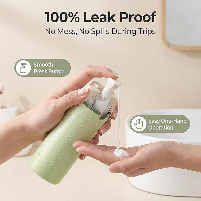4 in 1 Travel Dispenser Bottle Leak Proof Refillable Travel Bottles Pump Shampoo Conditioner Lotion Cosmetic Containers Portable Set 4 Pack 30ml Air Travel Business Trip Essentials (Green)