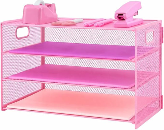 3 Tier Lettrer Tray Organizer, Metal Mesh Desk File Organizer with Sliding Trays, Paper Sorter Desk Organizer for Home Office School, Pink