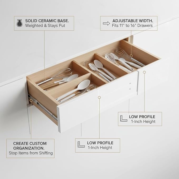Ceramic Adjustable Drawer Divider, Extendable Organizer for Kitchen and Office Drawers, White (1 PC)