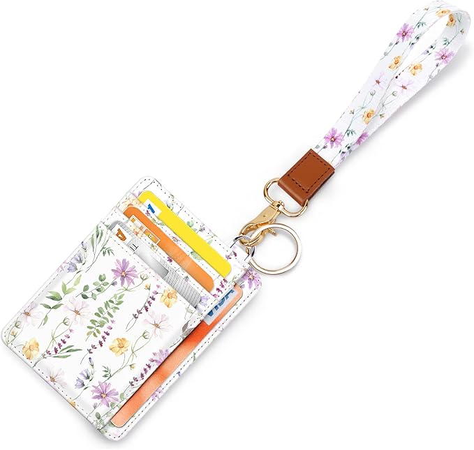 Coco Rossi Slim Front Pocket Wallet RFID ID Card Holder Cute Small Wallet with Wrist Lanyards Key Chain Holder for Women,White Daisy