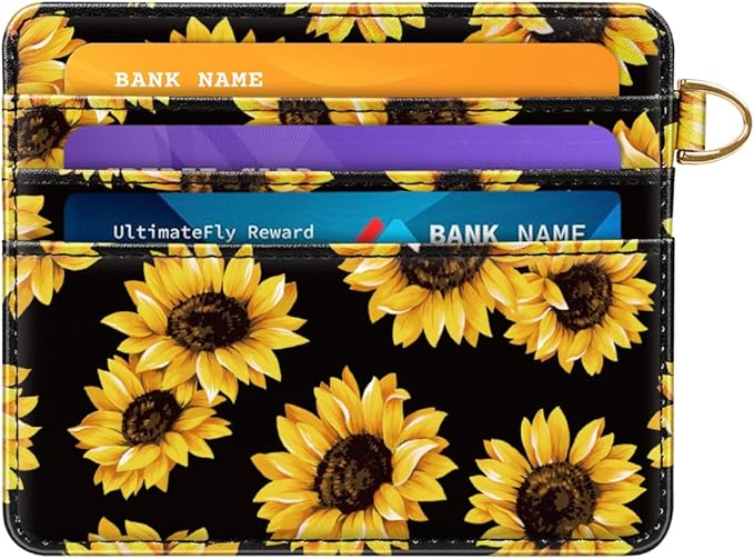Slim Minimalist Pocket Credit Card Holder Wallet RFID Blocking Lightweight Thin Small Cute Card Cases,Sunflowers
