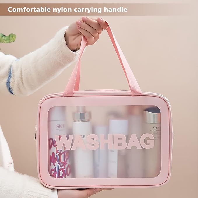 Travel Toiletry Bag for Women, Matte Translucent Shower Bag with Handy Handle, Makeup Cosmetic Organizer Bag for Travel Toiletries Accessories (Pink)