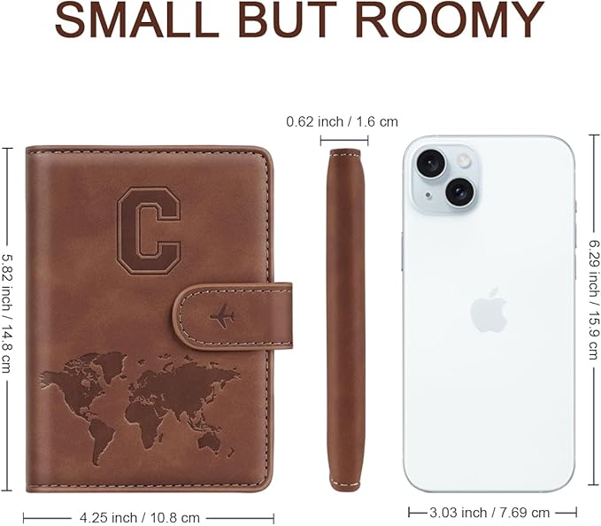 Passport Holder Wallet Cover Personalized Letter A-Z Travel Wallet RFID Blocking Passport Cover Wallet Case for Travel Passport Book Holders for Women and Men, Brown-C