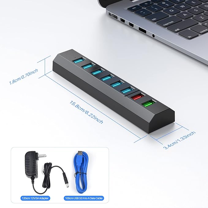 Powered USB Hub, Aiibe 8-Port USB Hub 3.0 Powered USB Splitter with 2 Fast Charging Ports + 12V/3A Power Adapter + USB 3.0 Cable, USB Hub Powered 36W Adapter for Laptop, Mac, PC, Mobile HDD (Black)