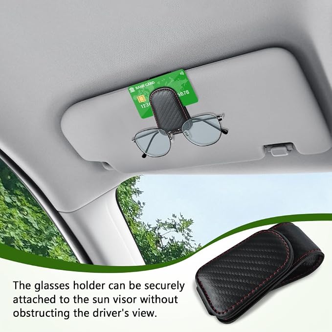 Sunglass Holder for Car, Sunglasses Clip for Car Visor, Magnetic Leather Vehicle Eyeglass Hanger Clip, Auto Ticket Card Glasses Organizer Clamp Accessories for SUV Sedan (Carbon Fiber)