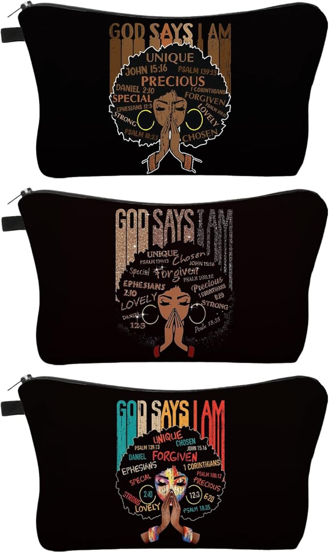 3 Pack African American Makeup Bag for Purse, Afro Black Cosmetic Bags for Women, Inspirational and Funny Gifts, Small Travel Pouches, Bulk Cosmetic Cases