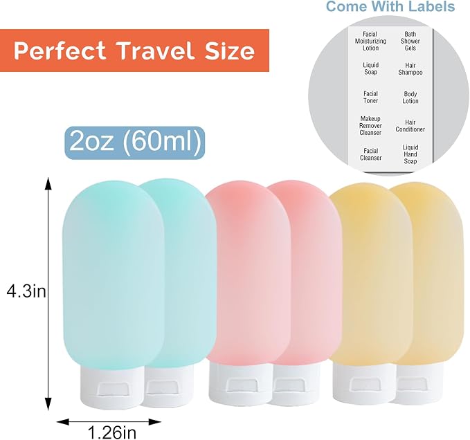 Travel Bottles for Toiletries 6 Pack, Leakproof 2 oz Tsa Approved Travel Size Containers, BPA Free Plastic Shampoo and Conditioner Bottles, Camping Travel Essentials (Multicolor - B)