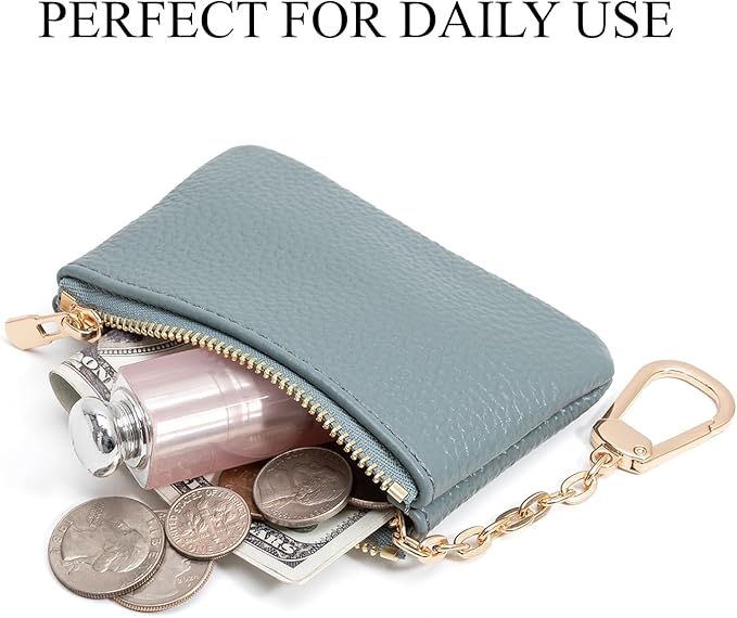 Full Grain Leather Coin Purse with Key Chain - Small Change Purse Keychain Card Holder Keychain Pouch Small Keychain Wallet for Women and Men (Powder Blue)