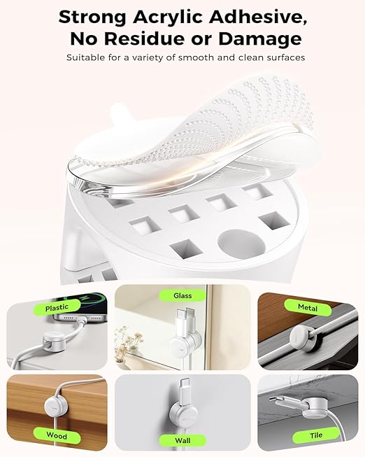 9-Pack Cable Clips [Upgraded], Rocoren Magnetic 360° Rotatable Cord Holder, Adhesive Cable Management Organizer, Wire Keeper for Nightstand Desk Car Home Office Accessories White