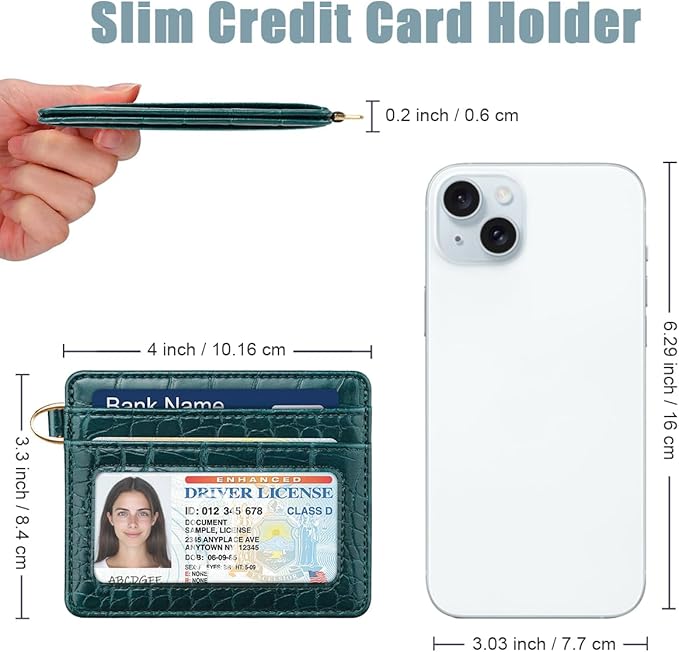 Slim Credit Card Holder Crocodile Wallet Women Thin Alligator Wallets RFID Blocking Minimalist Lightweight Small Cute Cards Holders with ID Window, Dark Green